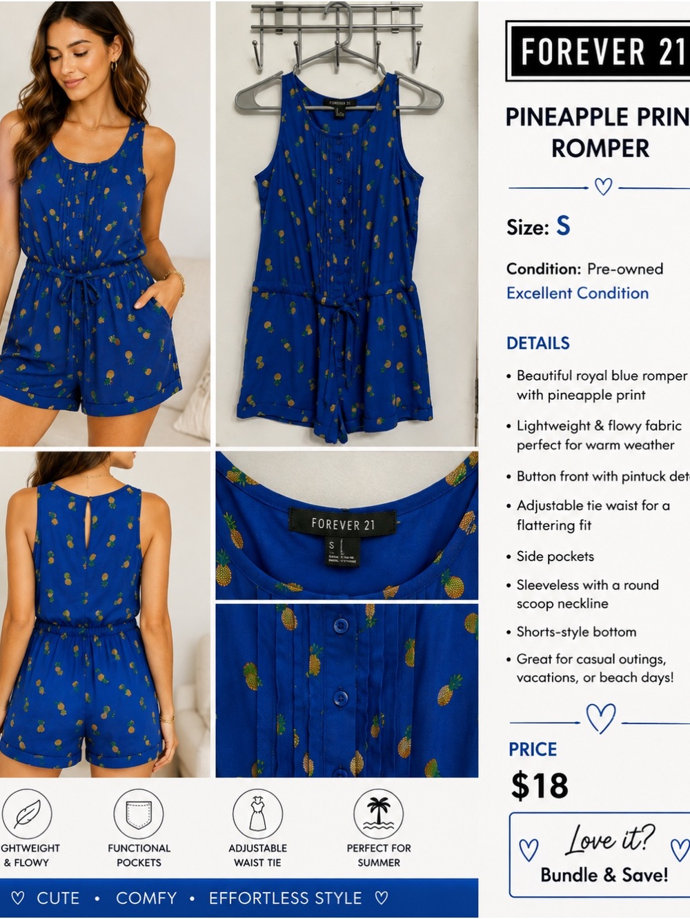 Forever 21 Royal Blue Pineapple Print Romper